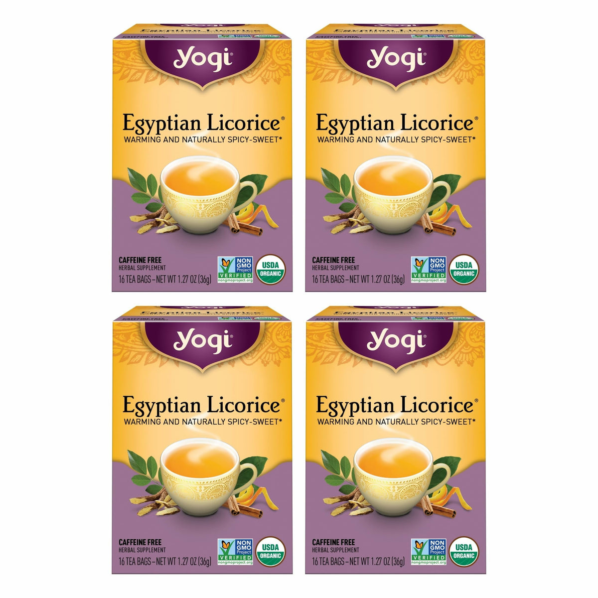 Yogi Egyptian Licorice Tea four-pack box shows premium caffeine-free blend for soothing moments.