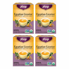 Yogi Egyptian Licorice Tea four-pack box shows premium caffeine-free blend for soothing moments.
