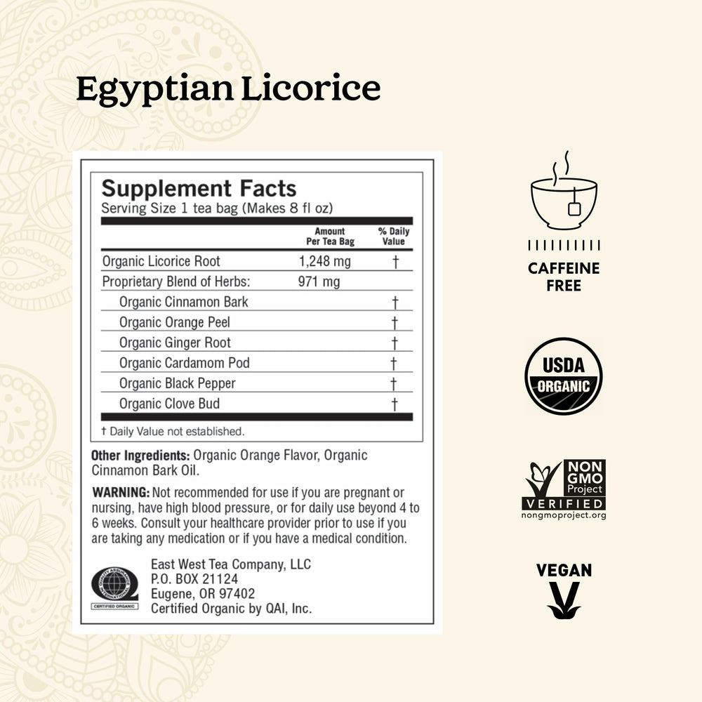 Yogi Egyptian Licorice Tea tea bags display, convenient caffeine-free herbal option.