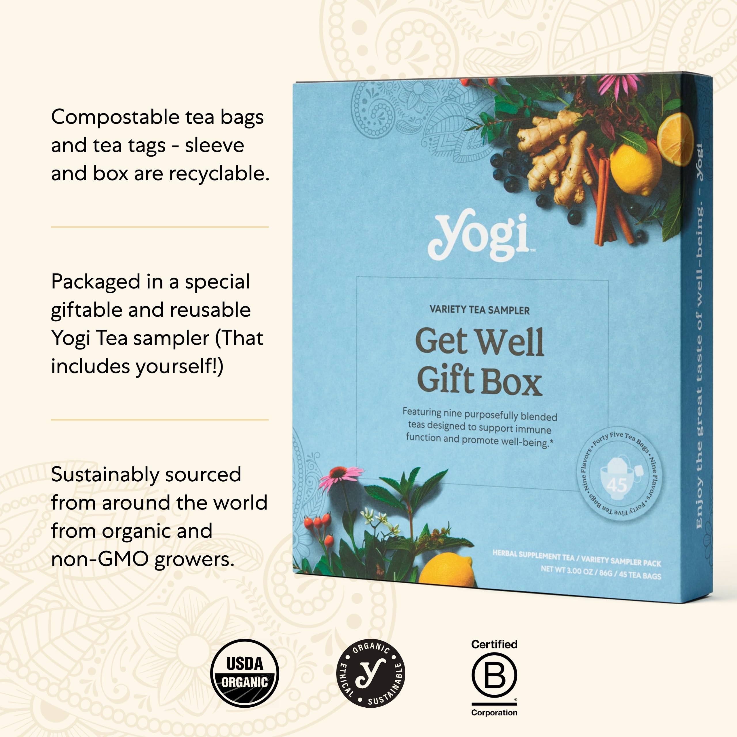 Yogi Elderberry Lemon Balm Immune tea box promotes soothing immunity moments.