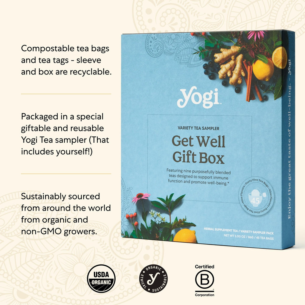 Yogi Elderberry Lemon Balm Immune tea box promotes soothing immunity moments.