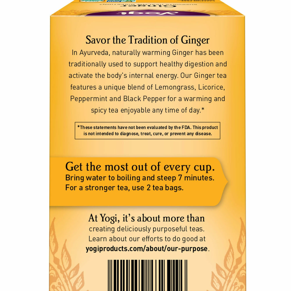 Yogi Ginger Tea lemongrass and licorice root on display suggest balanced flavor.