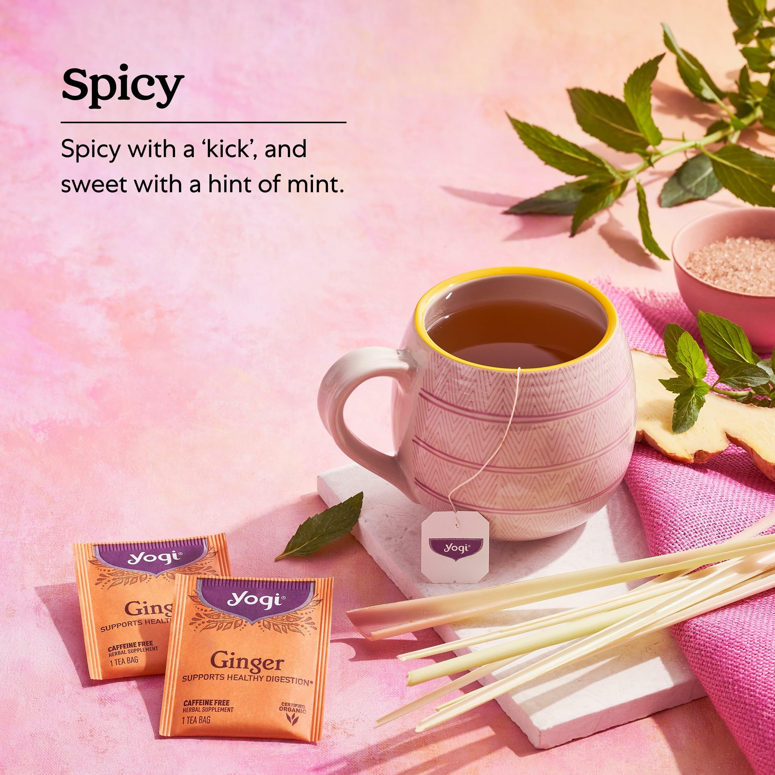 Yogi Ginger Tea peppermint leaf highlights a cool, refreshing finish.