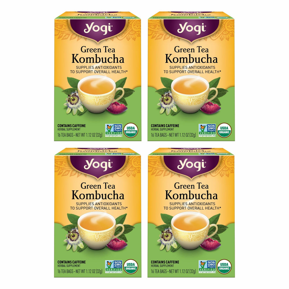 Yogi Green Kombucha tea bags ready to brew a bright, antioxidant-rich cup.
