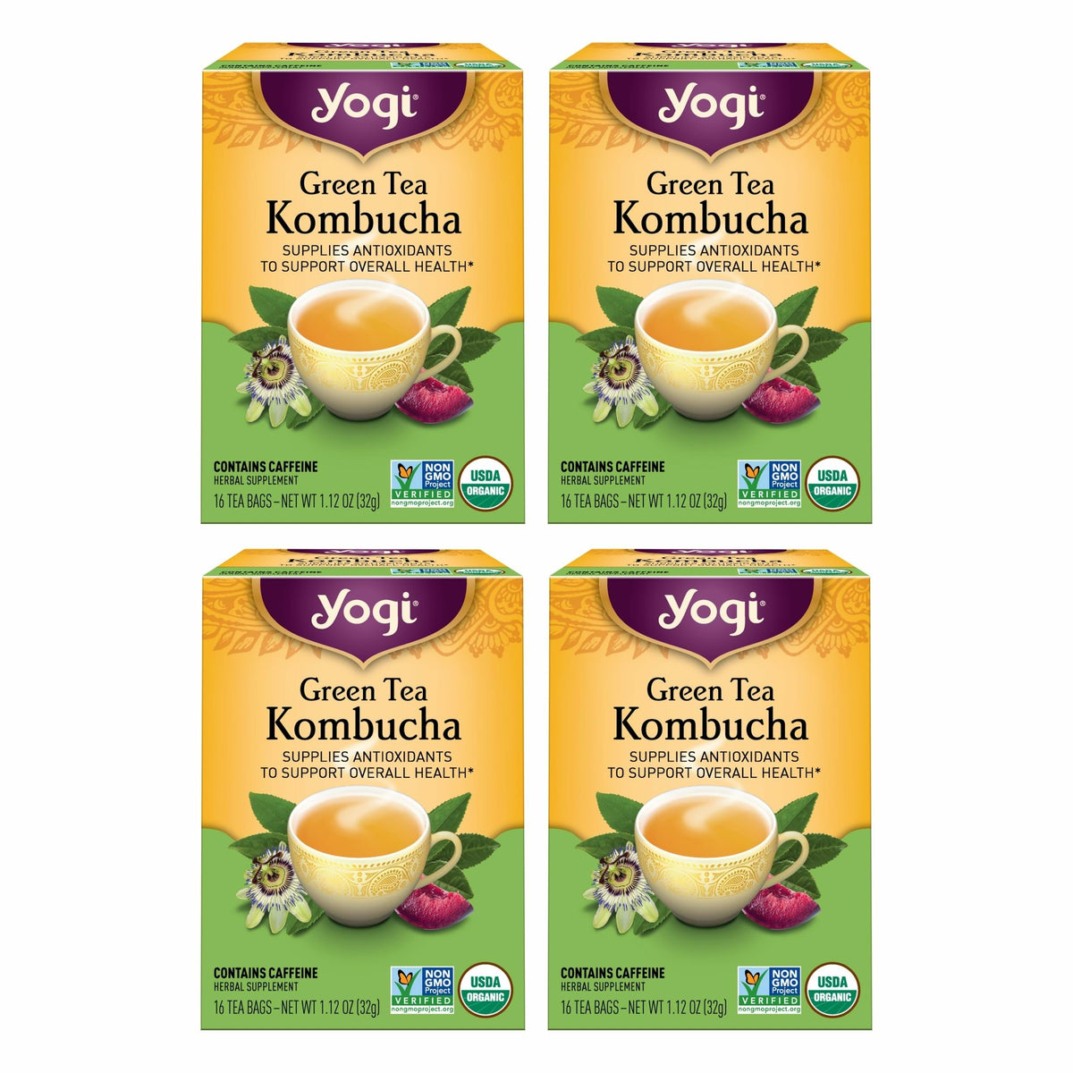 Yogi Green Kombucha tea bags ready to brew a bright, antioxidant-rich cup.