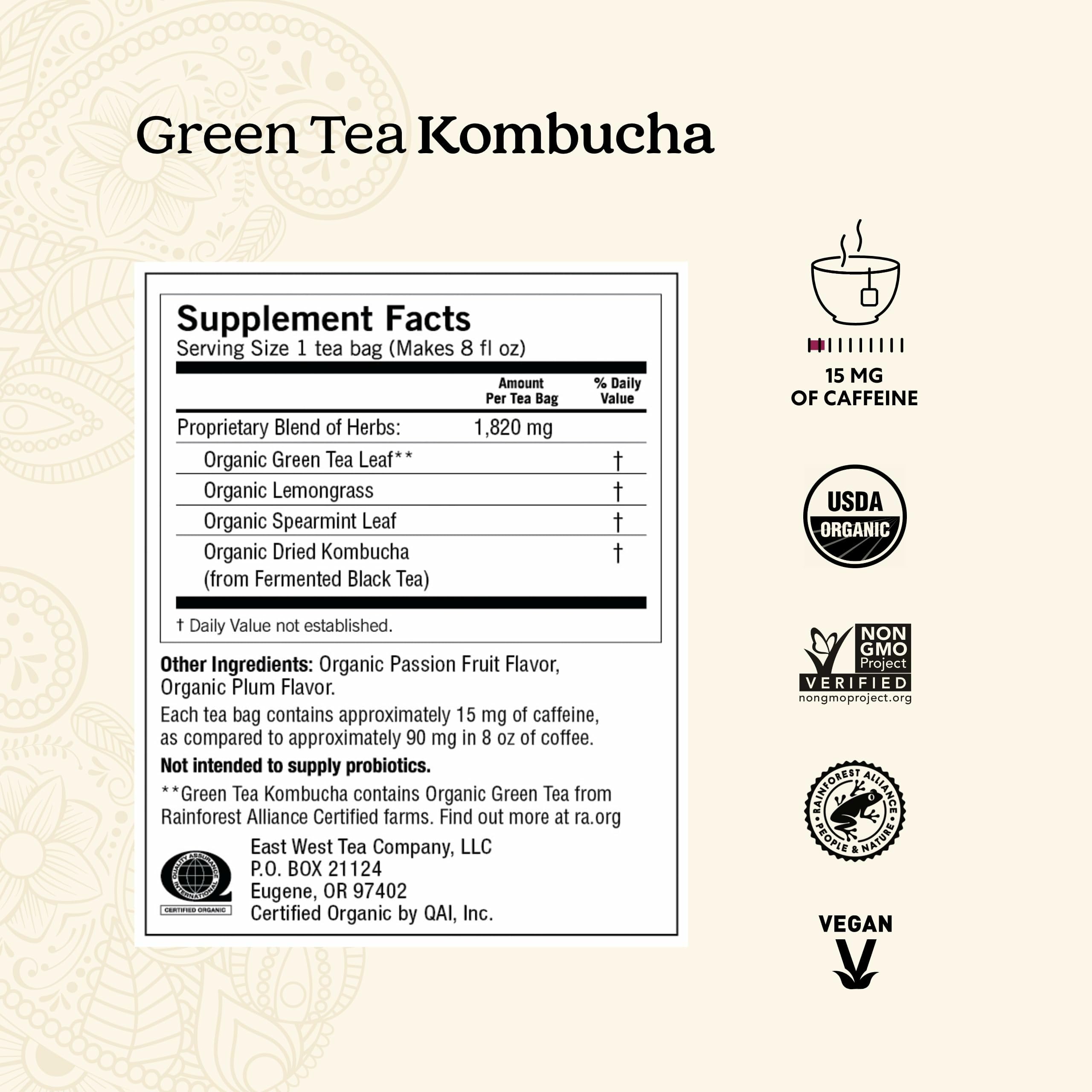 Cup of Yogi Green Kombucha tea with lemongrass and spearmint aroma.