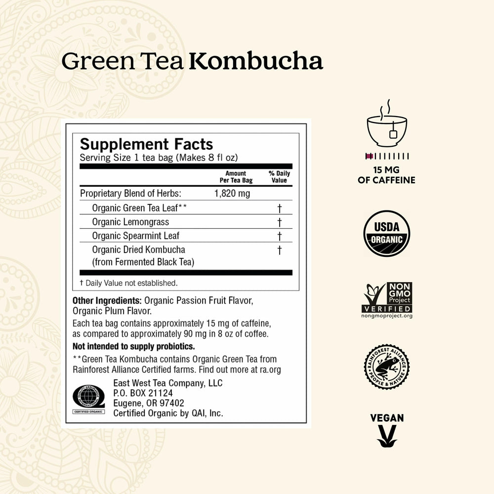 Cup of Yogi Green Kombucha tea with lemongrass and spearmint aroma.