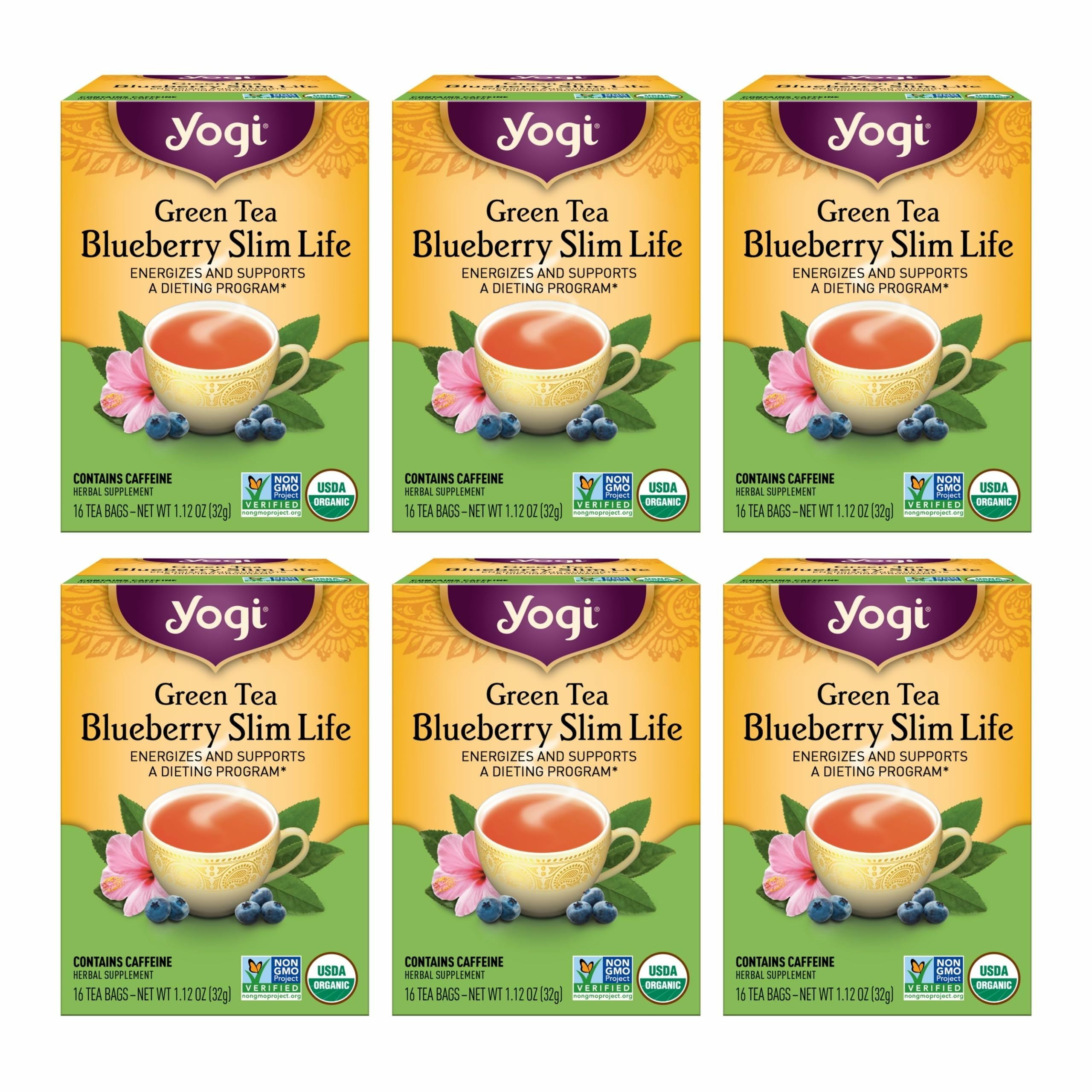 Yogi Green Tea Blueberry Slim Life tea bag closeup for energy boost