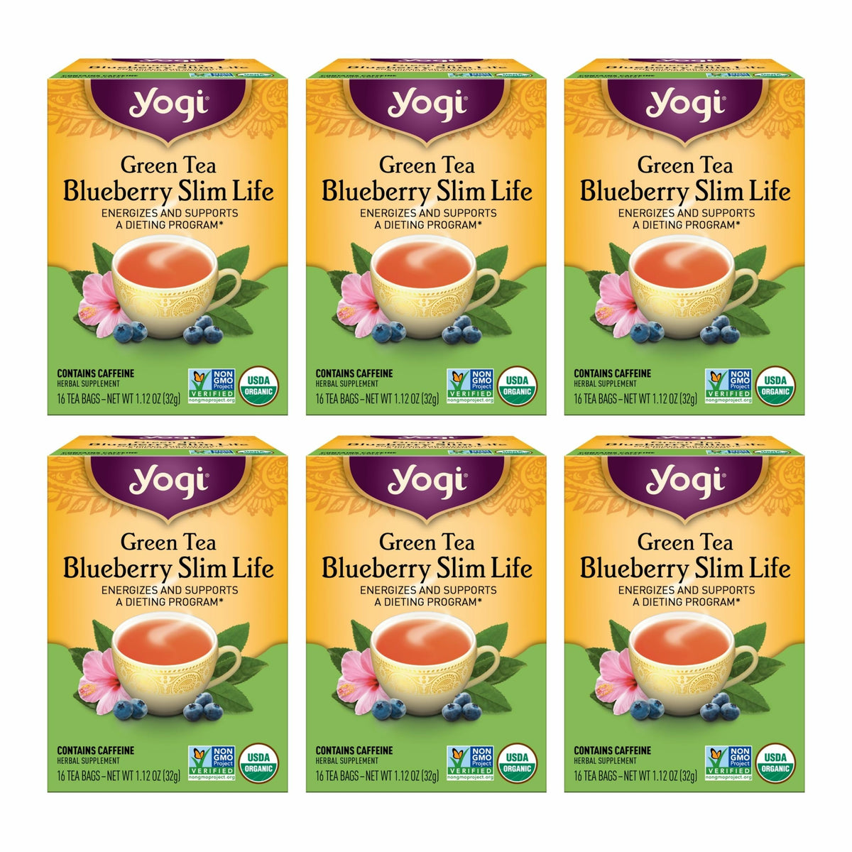 Yogi Green Tea Blueberry Slim Life tea bag closeup for energy boost