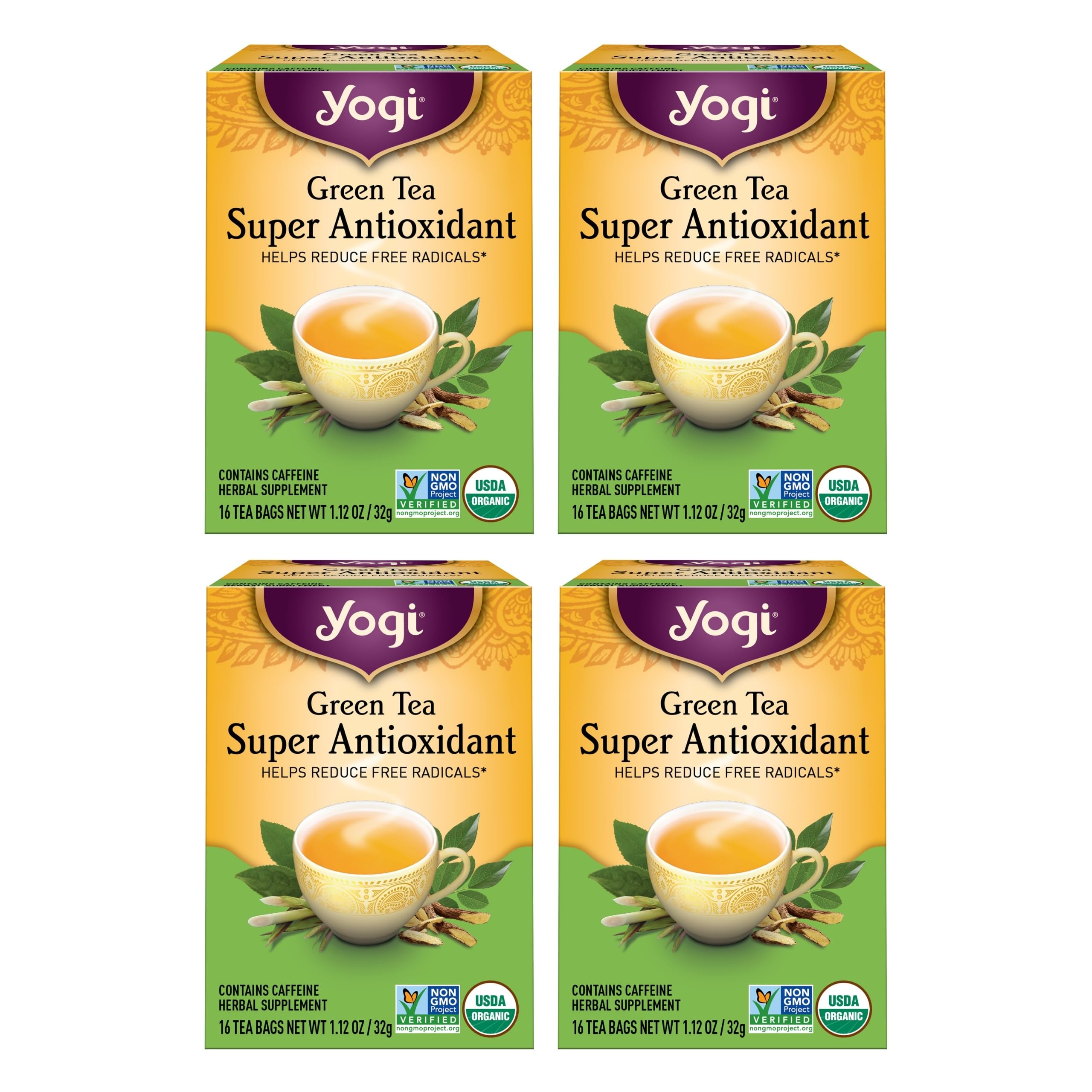 Yogi Green Tea Super Antioxidant box highlights organic blend for antioxidant support.