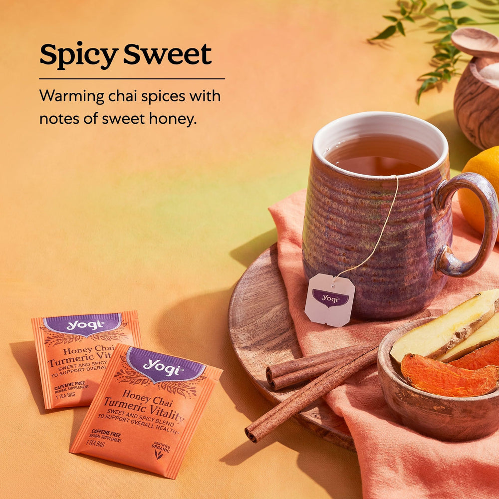 Yogi Honey Chai Turmeric packaging front with organic label and branding