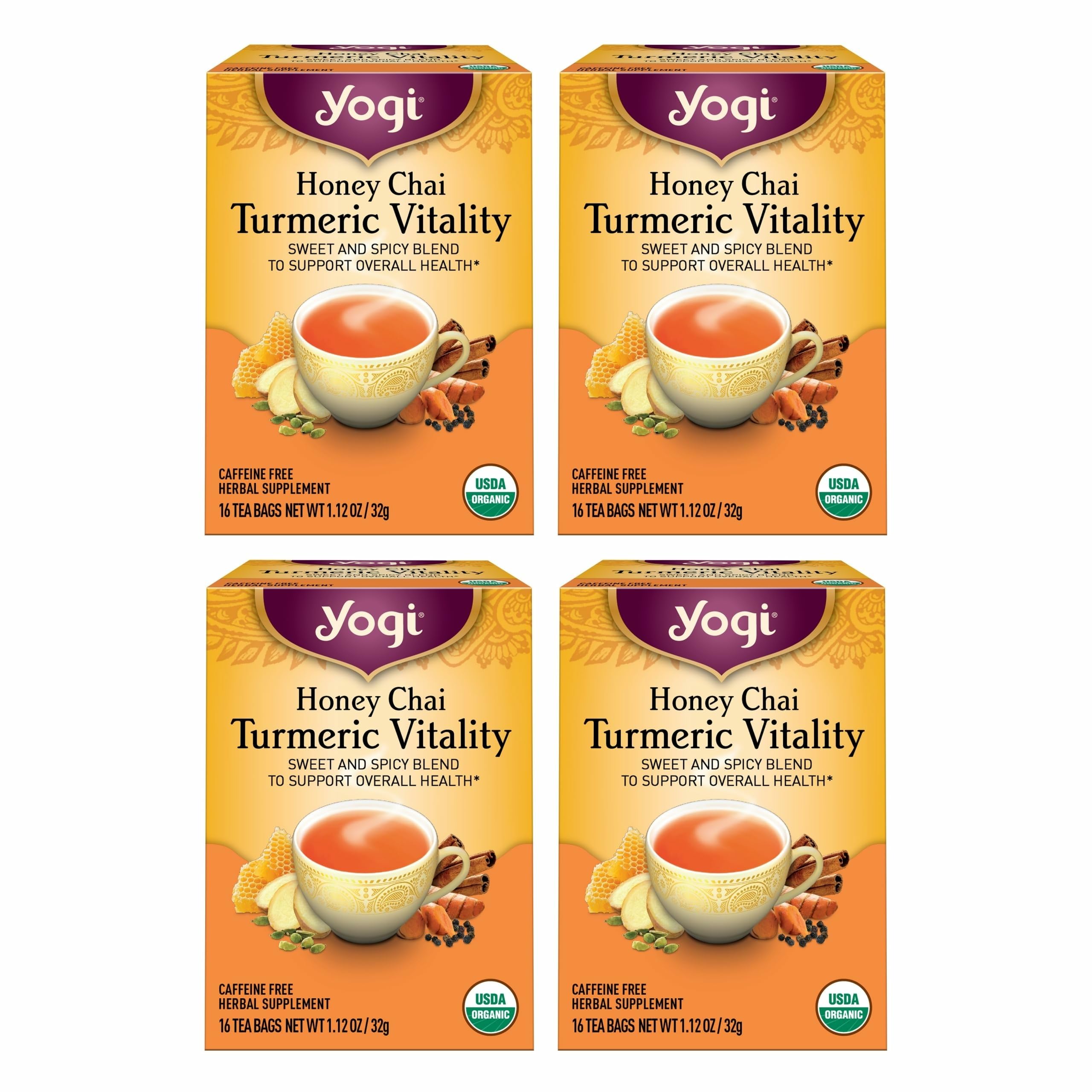 Yogi Honey Chai Turmeric Vitality tea pack on shelf, showcasing organic wellness blend