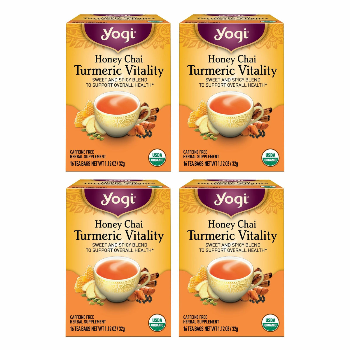 Yogi Honey Chai Turmeric Vitality tea pack on shelf, showcasing organic wellness blend