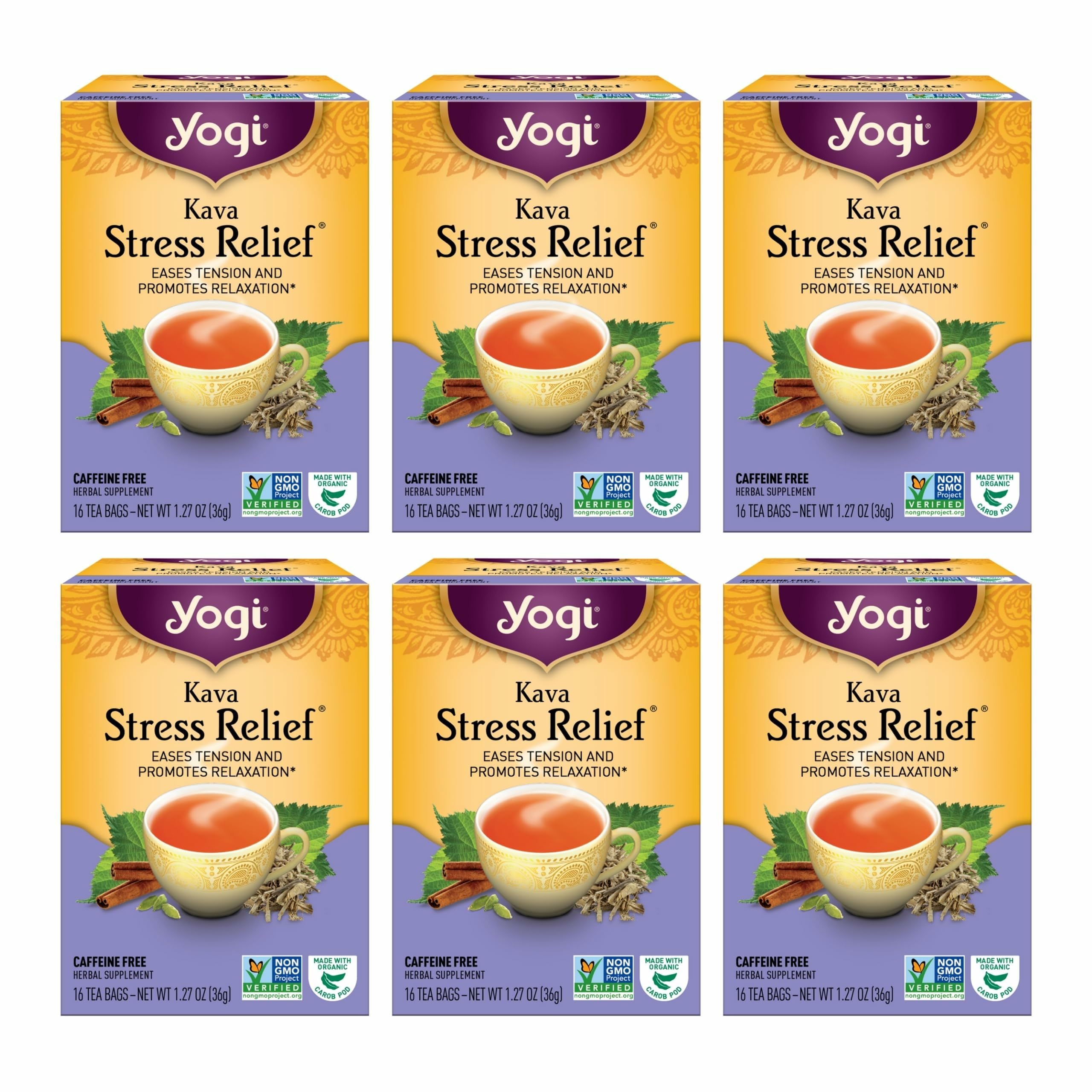 Yogi Kava Stress Relief tea box six-pack on shelf for relaxation