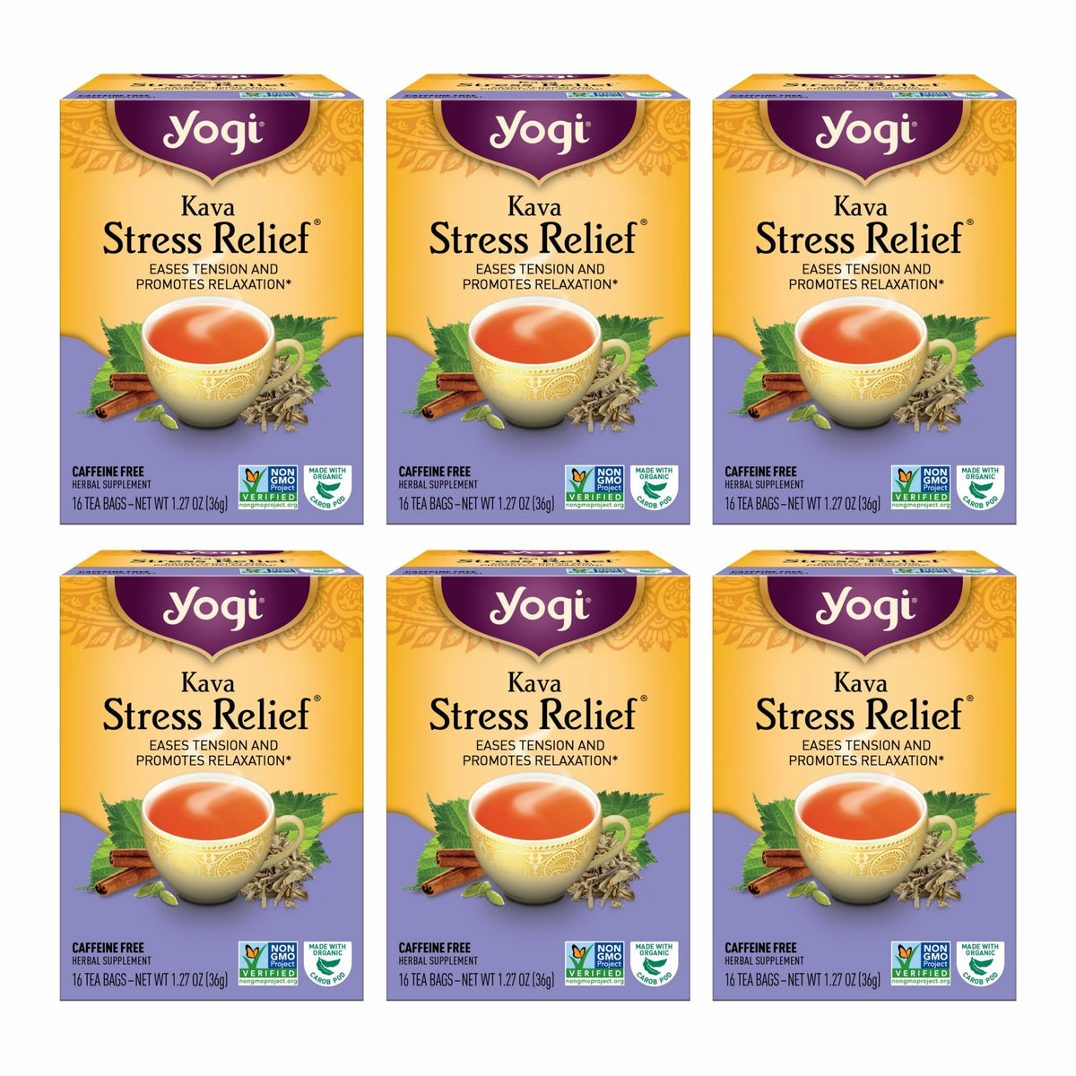 Yogi Kava Stress Relief tea box six-pack on shelf for relaxation