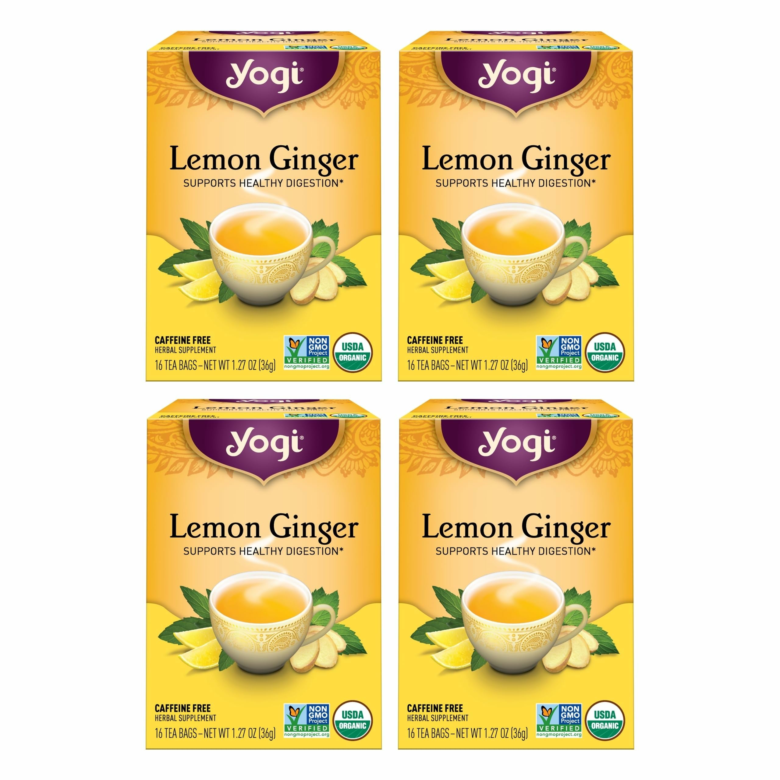 Yogi lemon-ginger-tea-packaging close-up, highlighting organic ingredients for a flavorful cup.