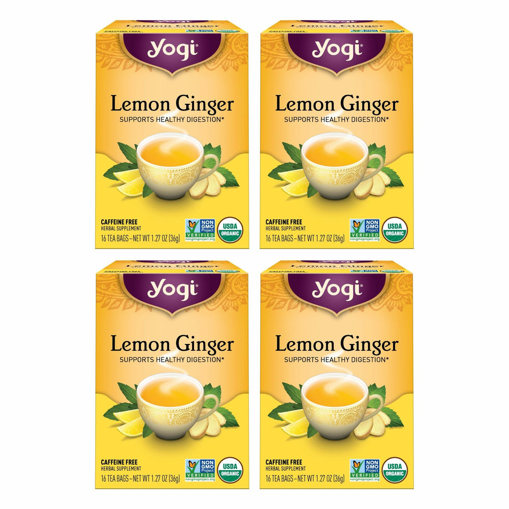 Yogi lemon-ginger-tea-packaging close-up, highlighting organic ingredients for a flavorful cup.