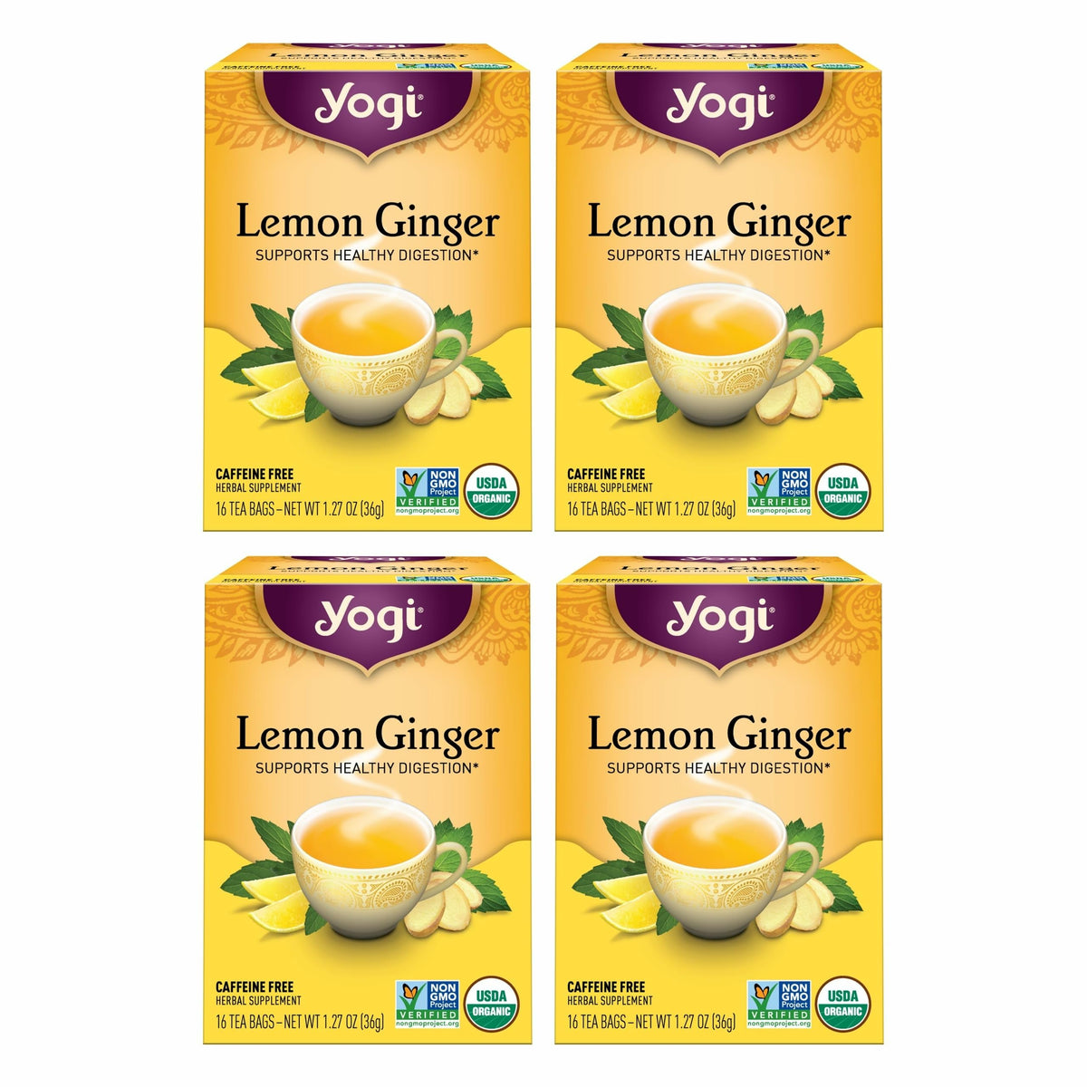 Yogi lemon-ginger-tea-packaging close-up, highlighting organic ingredients for a flavorful cup.