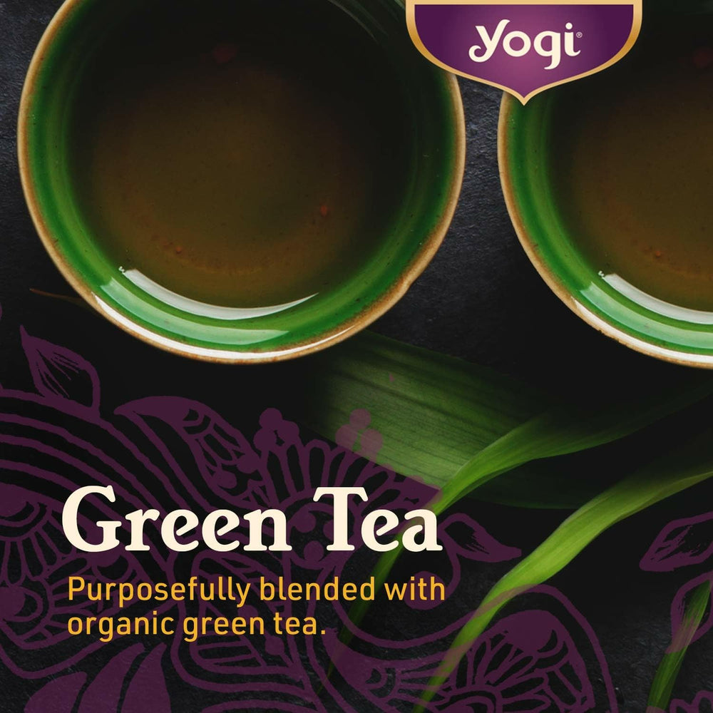 Multi-pack display featuring four packs of Yogi Green Kombucha Tea.