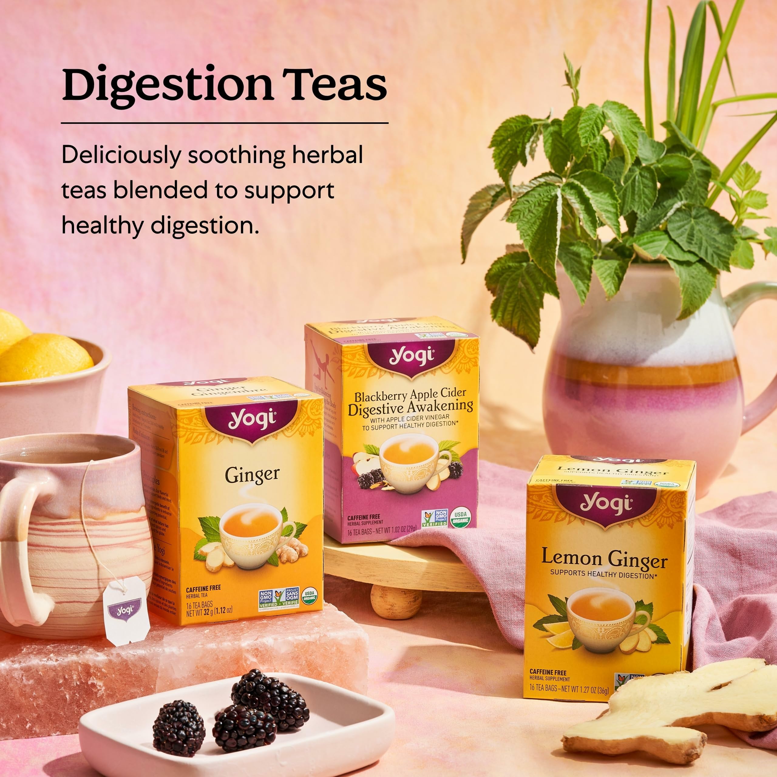 Yogi organic non-GMO ingredients on label highlighting quality herbal tea.
