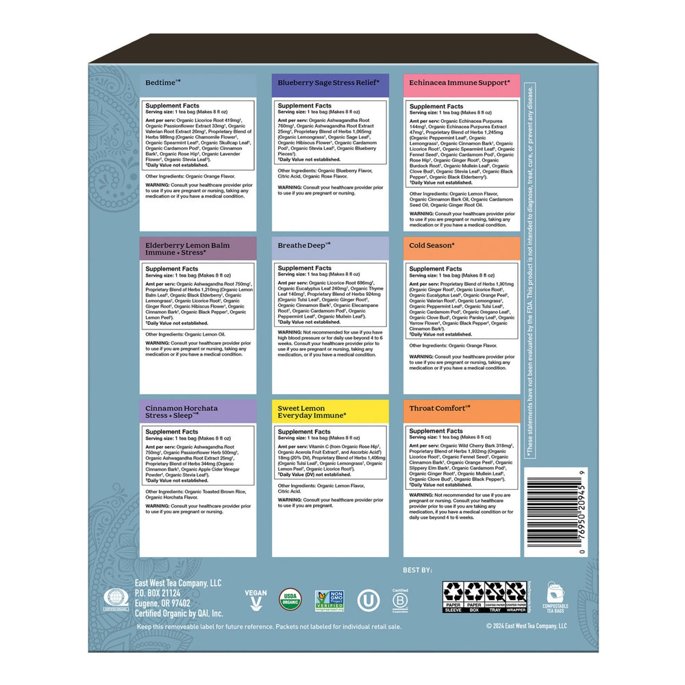 Yogi Organic Sampler Box side view highlights gift-ready packaging for sharing.