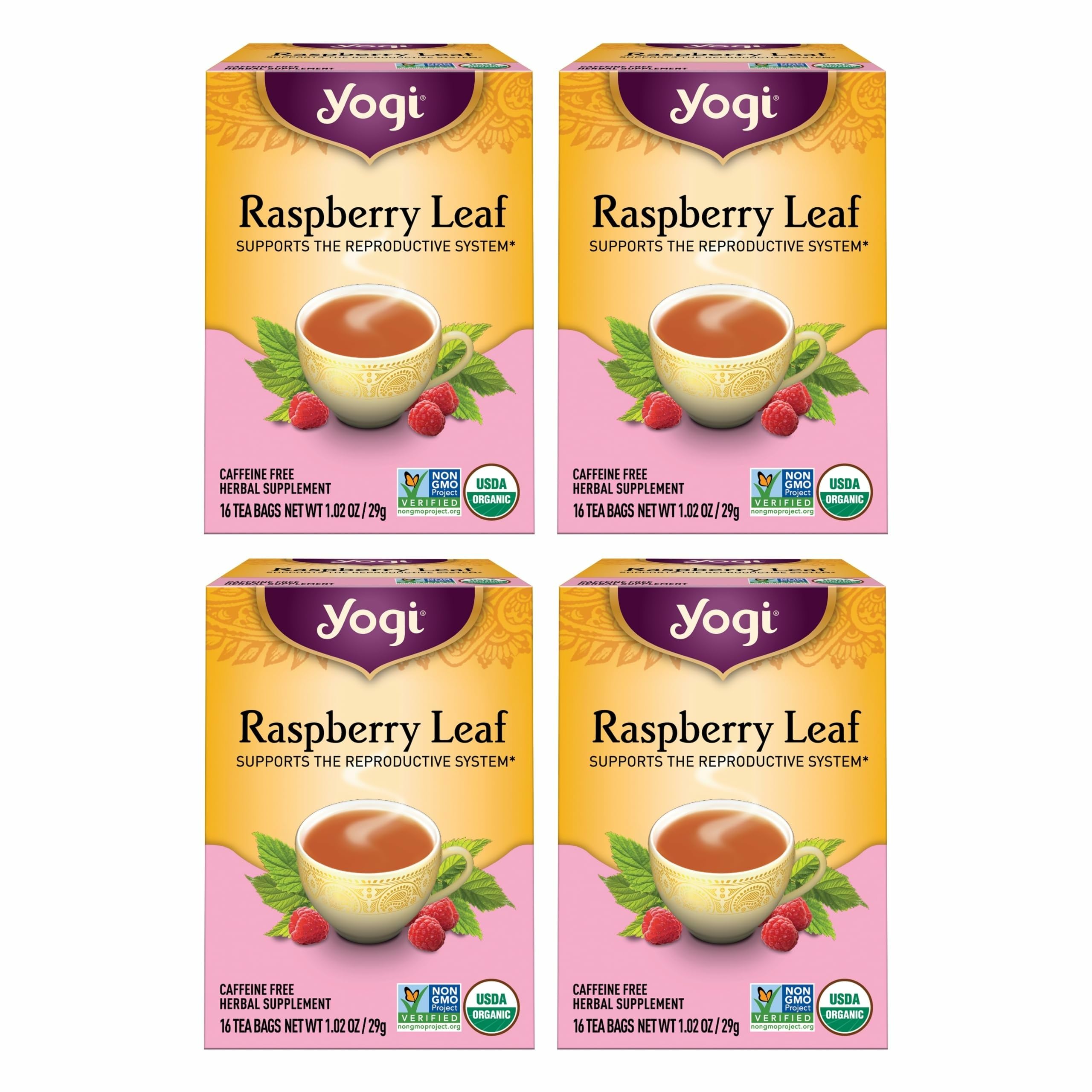 Yogi Raspberry Leaf Tea bags offer a caffeine-free, soothing cup.