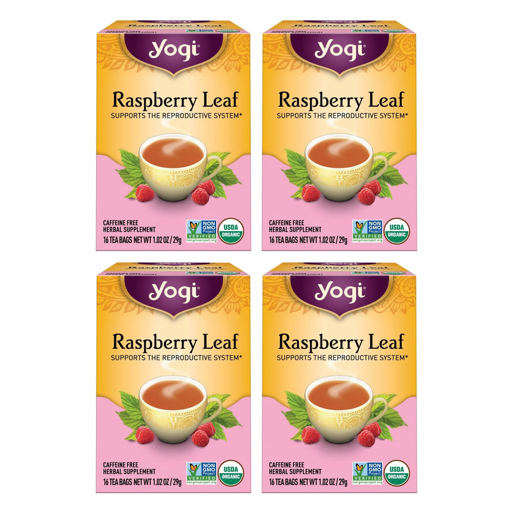 Yogi Raspberry Leaf Tea bags offer a caffeine-free, soothing cup.