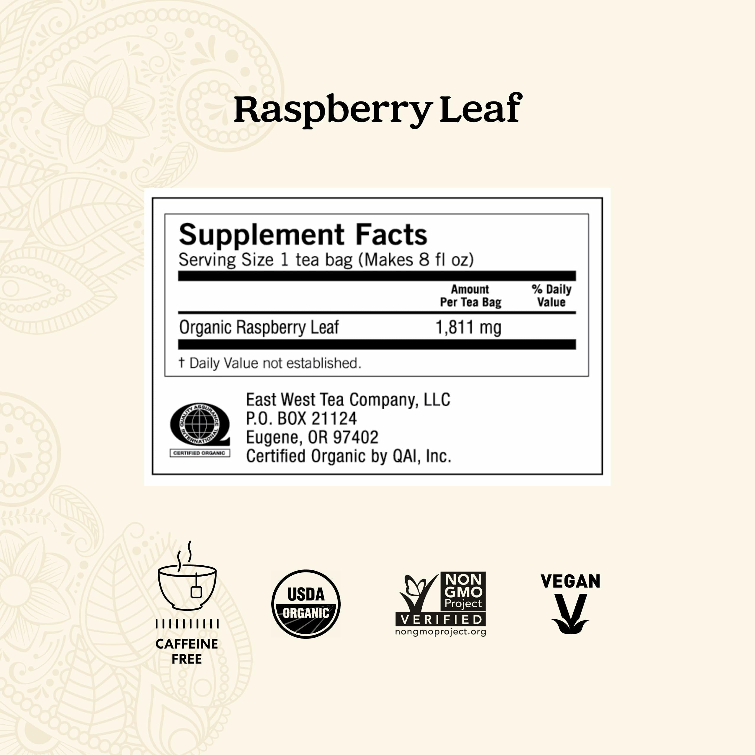 Yogi Raspberry Leaf Tea box shows organic, vegan ingredients.