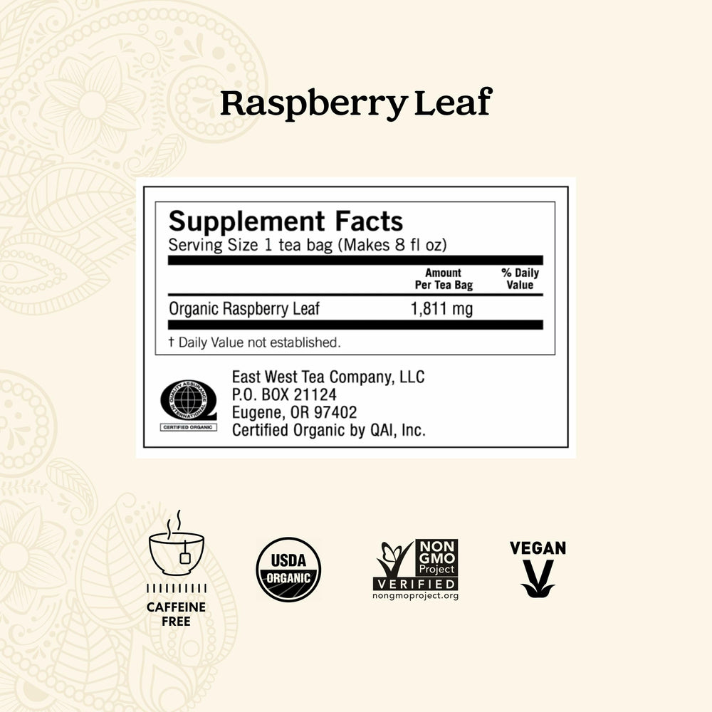Yogi Raspberry Leaf Tea box shows organic, vegan ingredients.