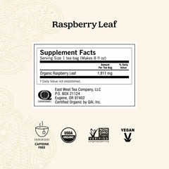 Yogi Raspberry Leaf Tea box shows organic, vegan ingredients.