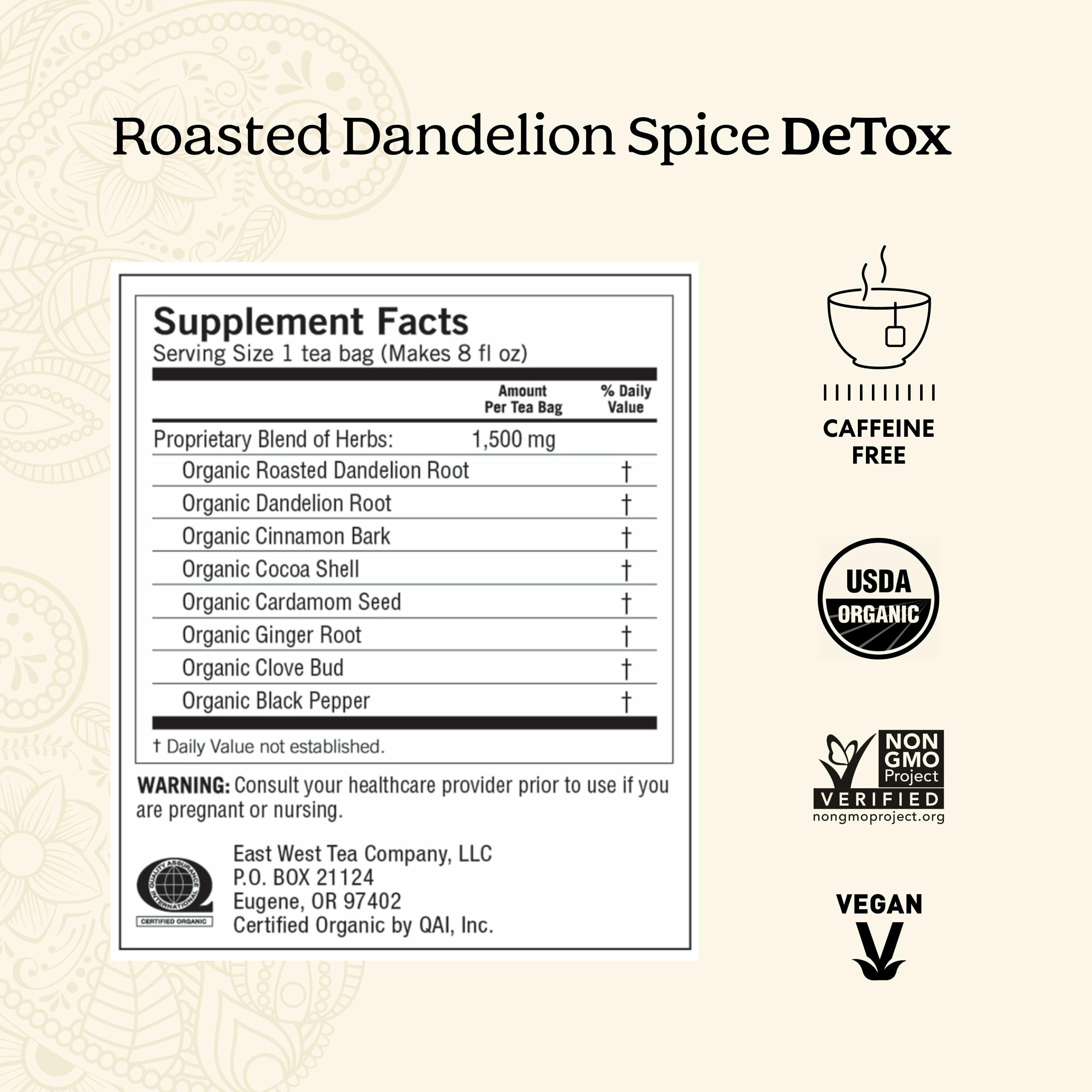 Yogi Roasted Dandelion Spice DeTox packaging shows organic ingredients.