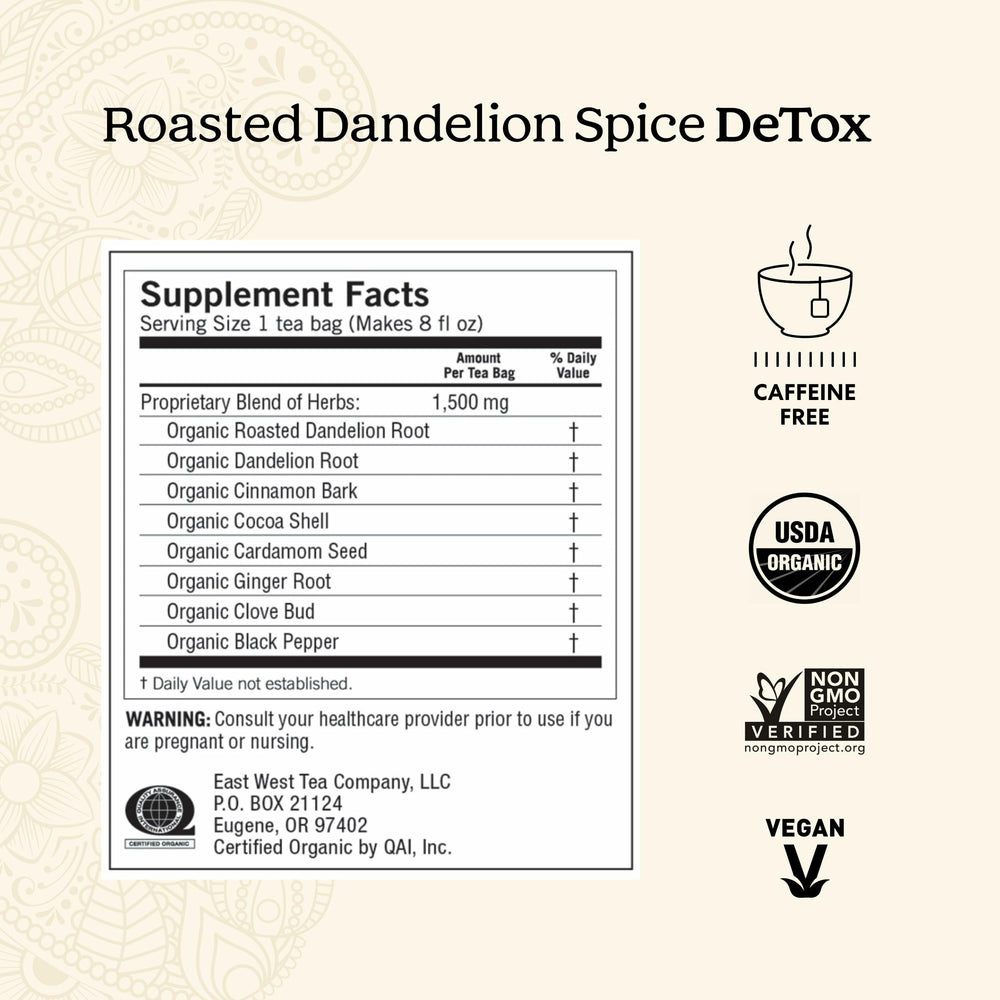 Yogi Roasted Dandelion Spice DeTox packaging shows organic ingredients.