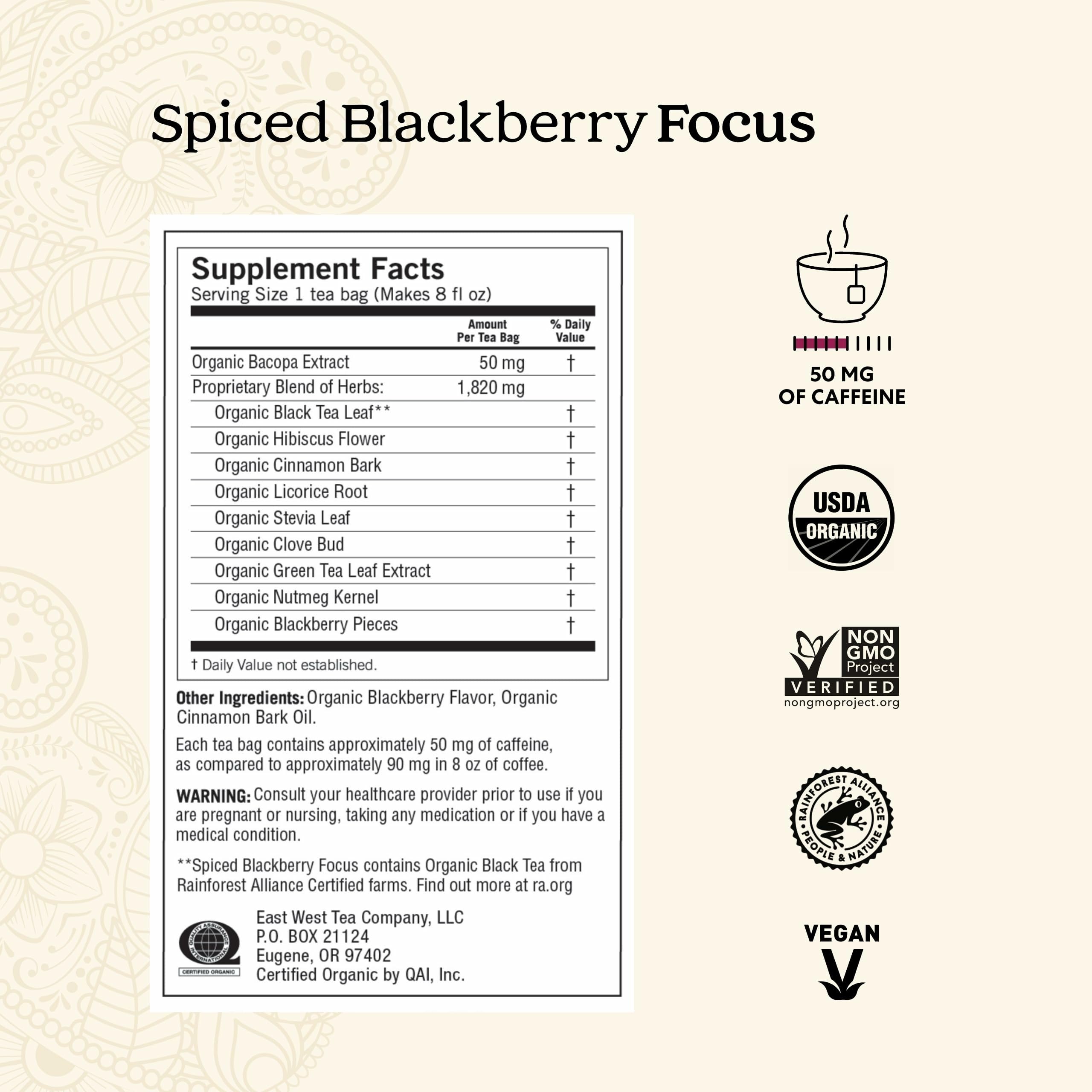 Box packaging of Yogi Spiced Blackberry Focus supports a daily ritual.