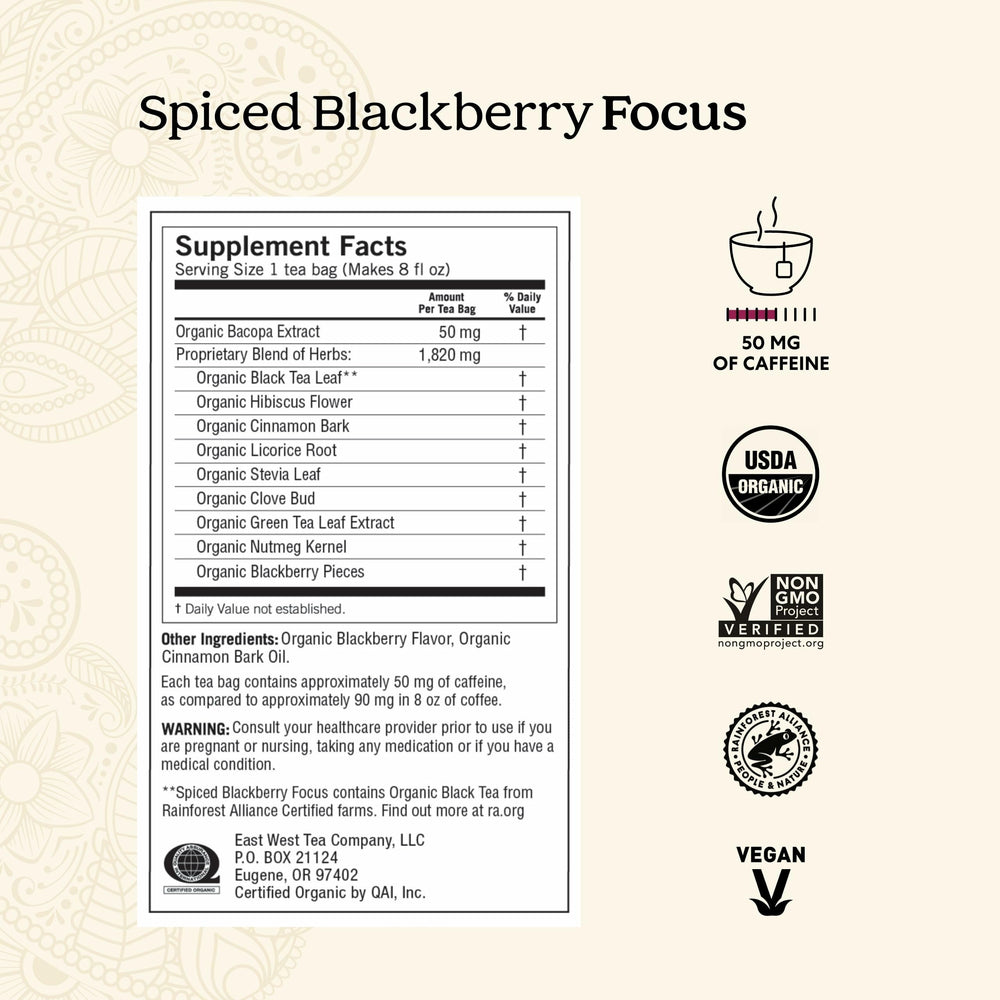 Box packaging of Yogi Spiced Blackberry Focus supports a daily ritual.