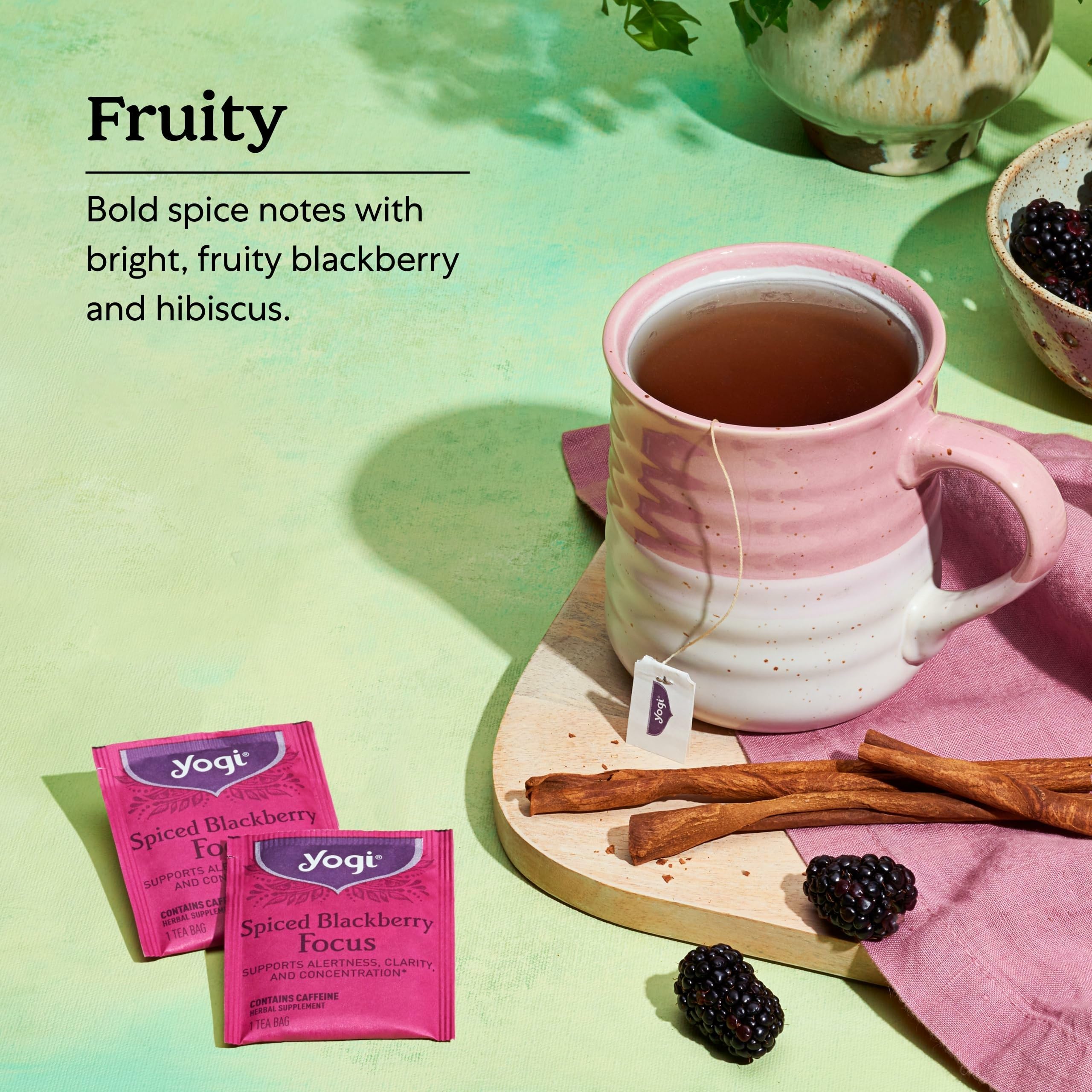 Ingredients label on Yogi Spiced Blackberry Focus highlights black tea and botanicals.