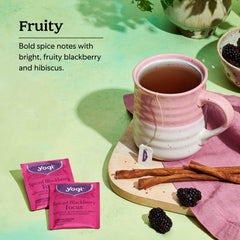 Ingredients label on Yogi Spiced Blackberry Focus highlights black tea and botanicals.