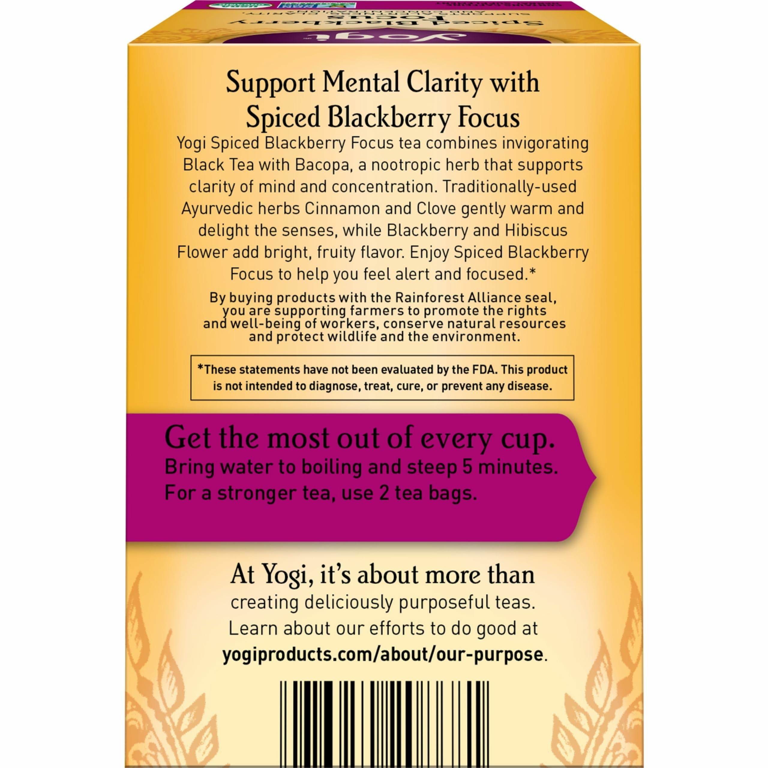 Steaming Yogi Spiced Blackberry Focus tea in a cup for focused mornings.