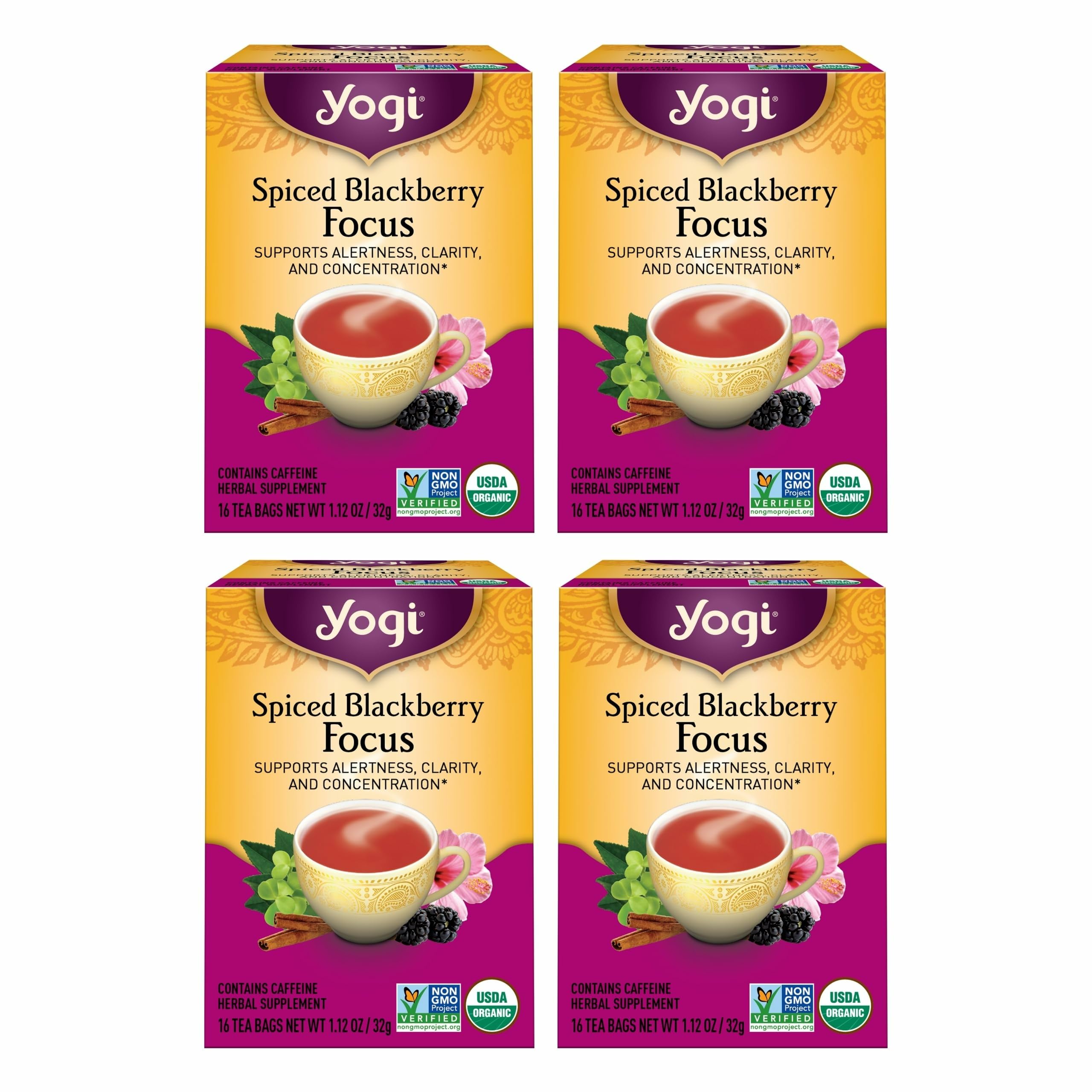 Yogi Spiced Blackberry Focus tea bags promote alertness and focus.