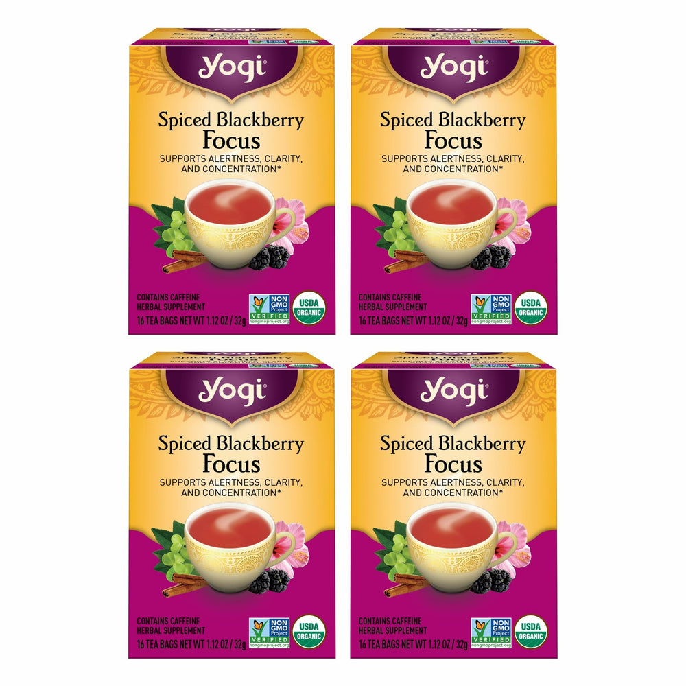 Yogi Spiced Blackberry Focus tea bags promote alertness and focus.