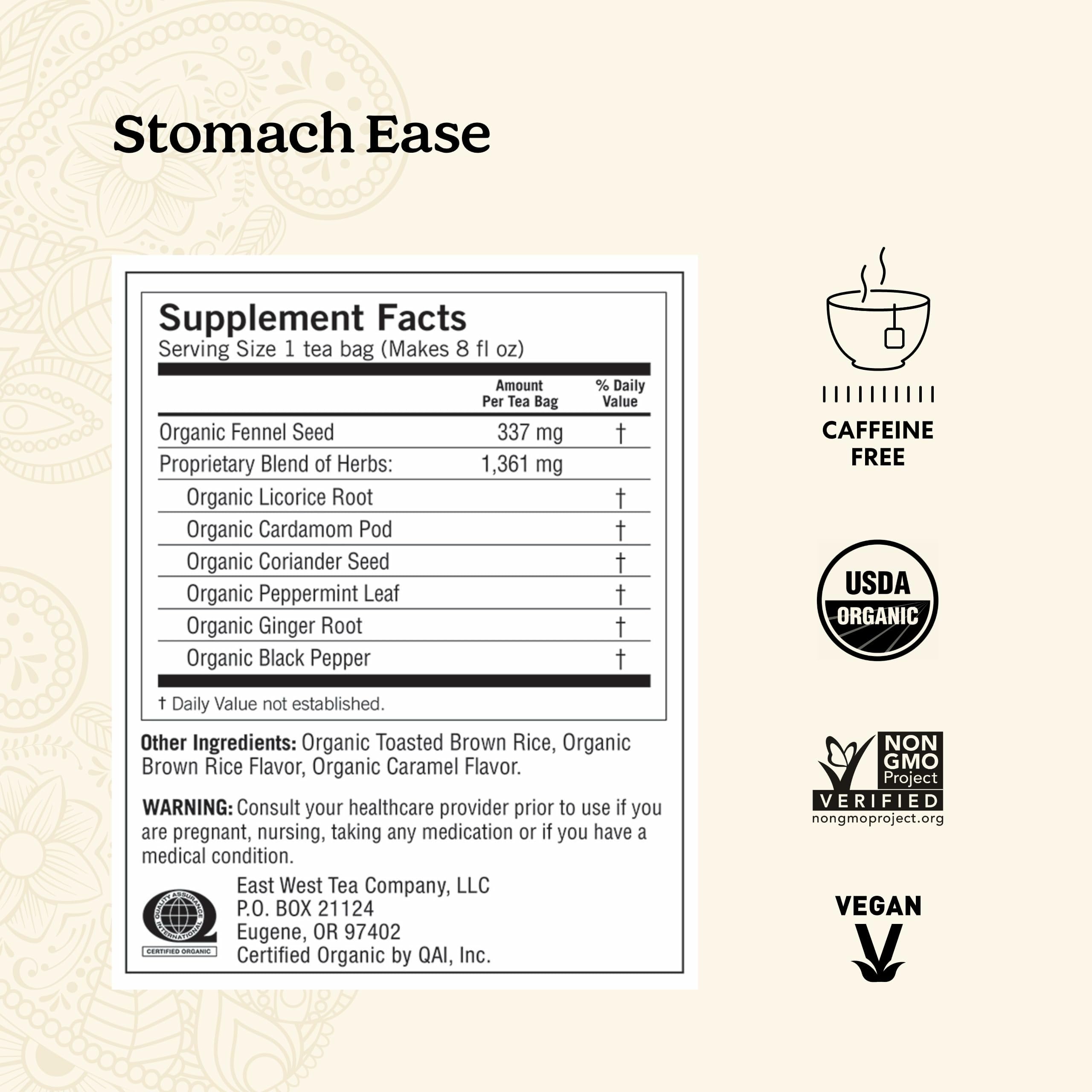 Yogi Stomach Ease packaging box shows organic herbal blend for everyday use.