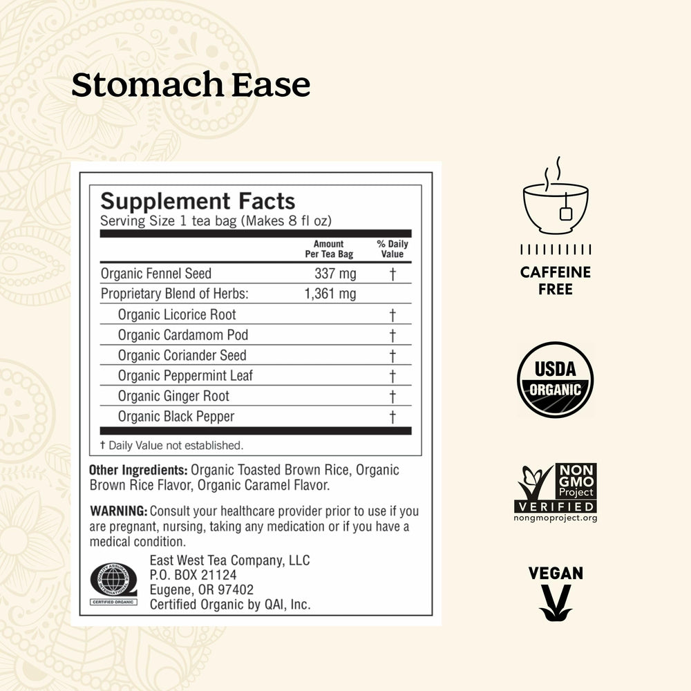 Yogi Stomach Ease packaging box shows organic herbal blend for everyday use.