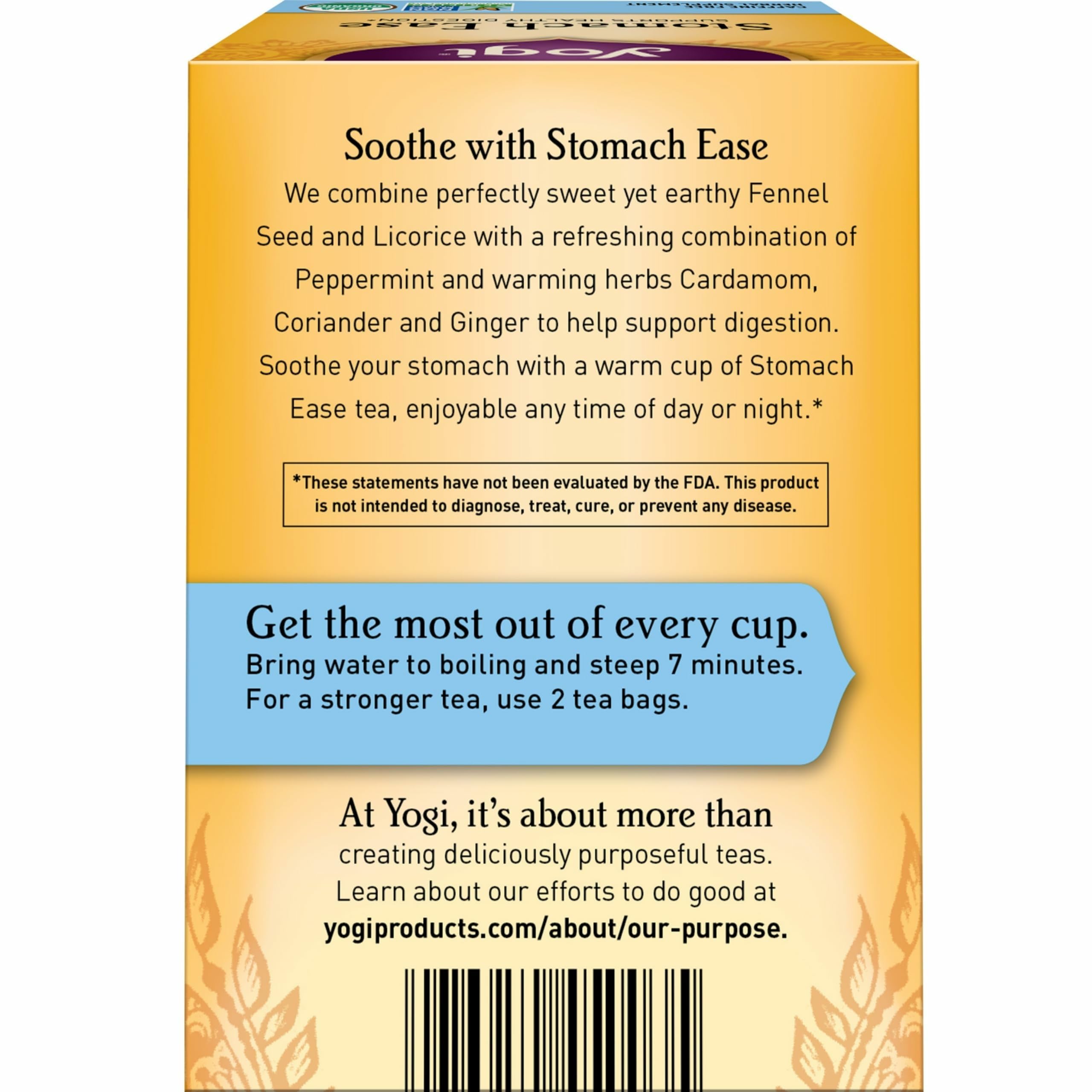 Yogi Stomach Ease spice blend reveals peppermint, licorice, ginger for warmth.