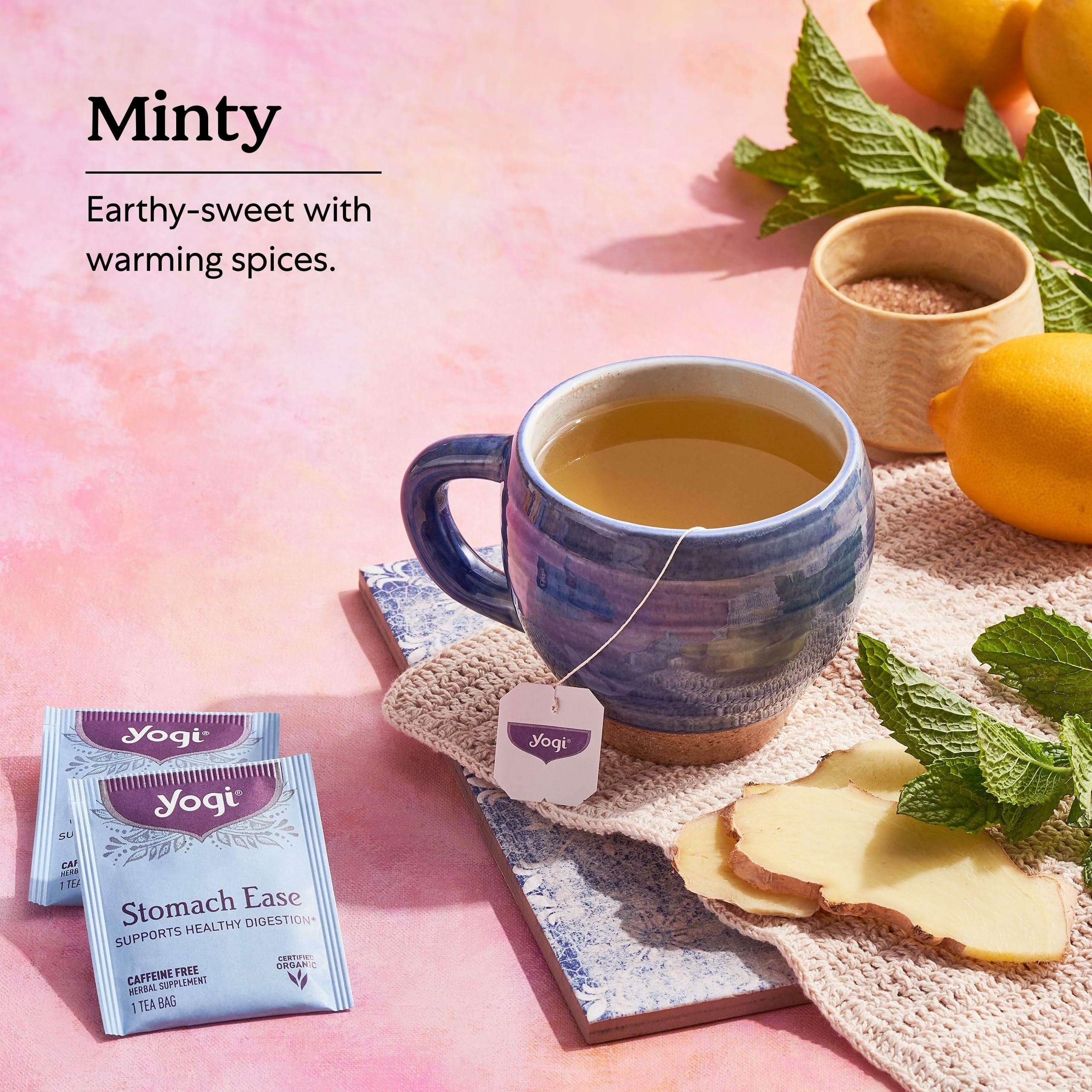 Yogi Stomach Ease steeping cup delivers calming, flavorful moment.
