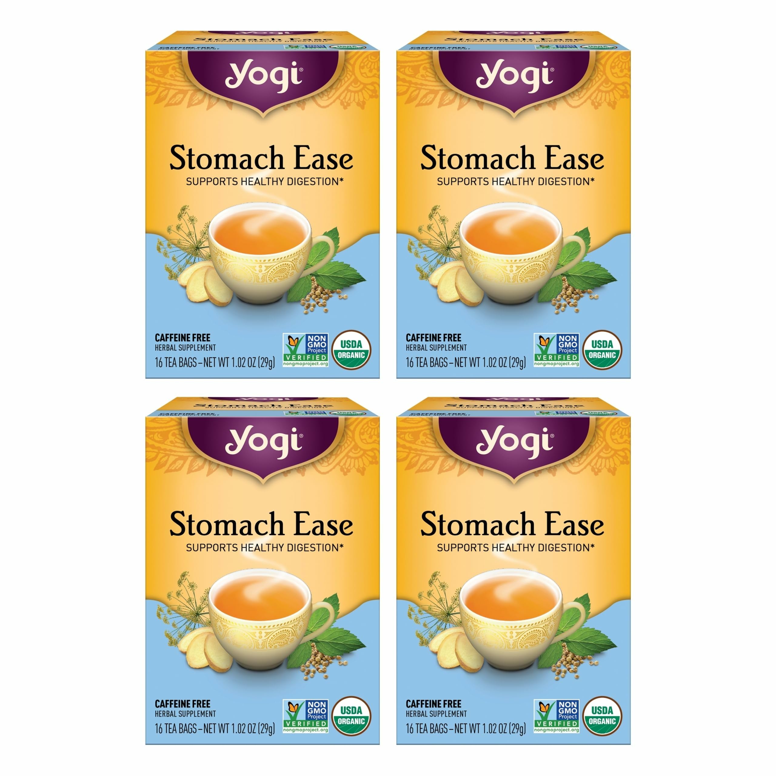 Yogi Stomach Ease tea bag in cup for a calming, digestion-friendly moment.