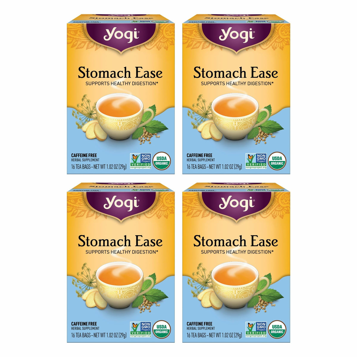 Yogi Stomach Ease tea bag in cup for a calming, digestion-friendly moment.