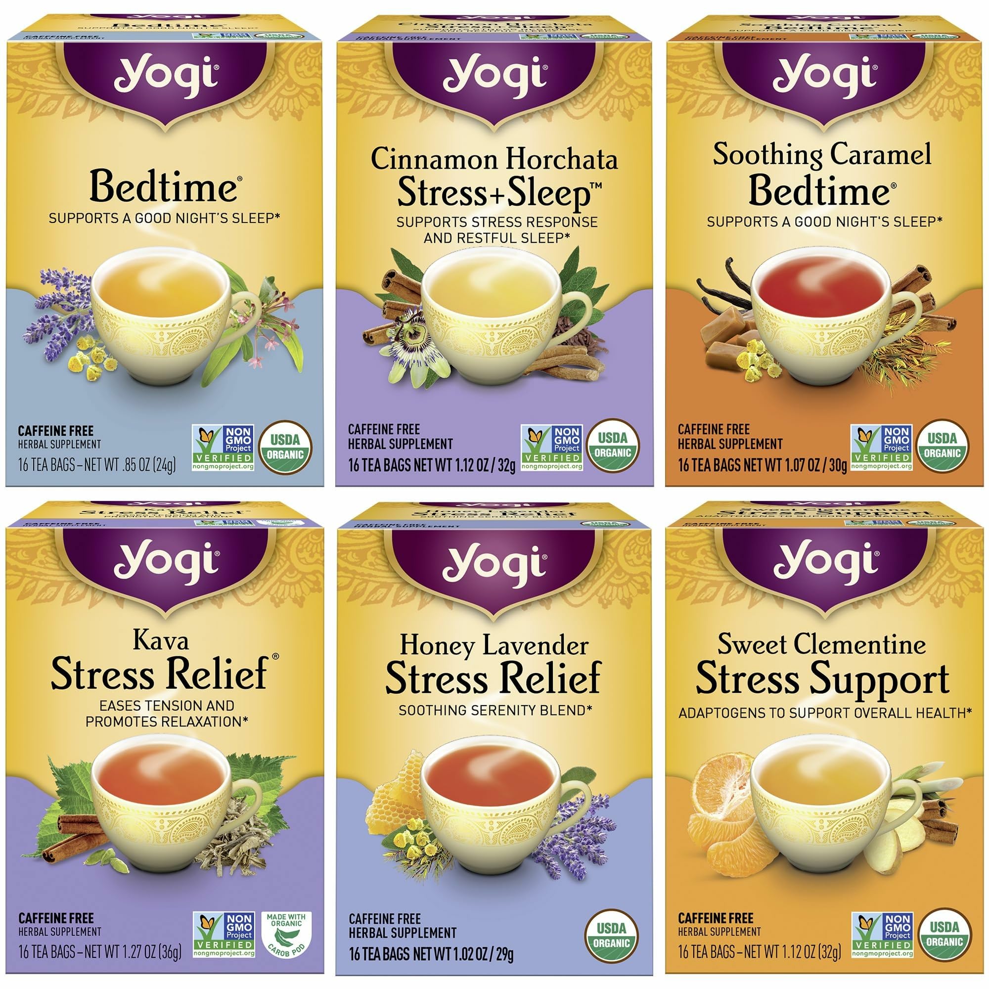 Yogi Stress Relief Variety Pack front view, calm moment with organic blends