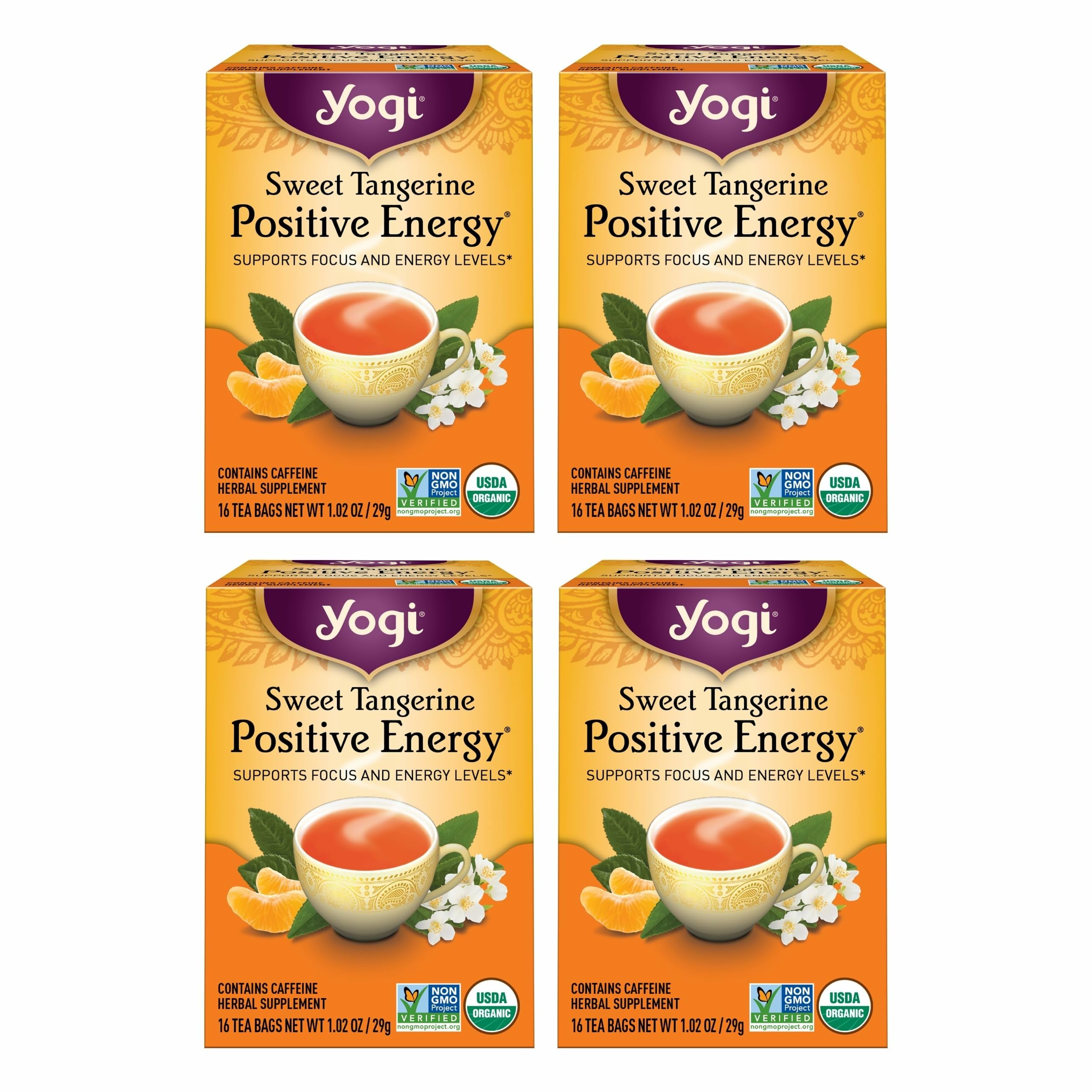 Yogi Sweet Tangerine Positive Energy Tea packaging shows a four-pack for convenient daily use