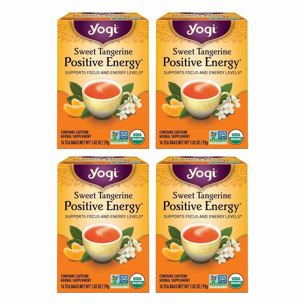 Yogi Sweet Tangerine Positive Energy Tea packaging shows a four-pack for convenient daily use