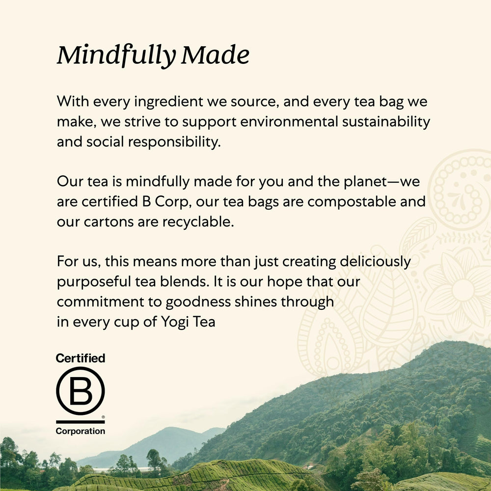 Yogi Tea botanicals and spices visual hints at rich, comforting flavor without harsh caffeine.