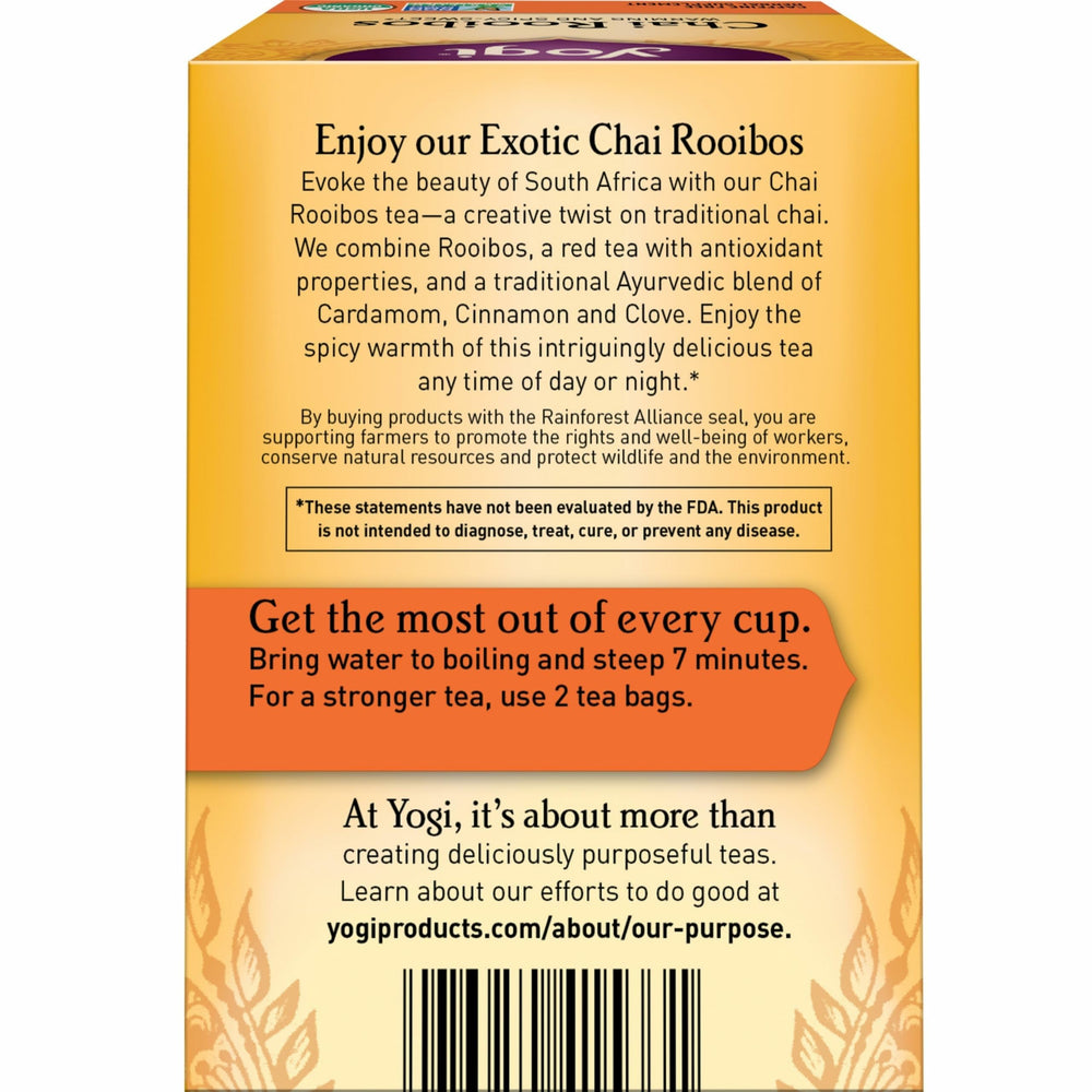 Yogi Tea Chai Rooibos ingredients cardamom emphasizes spice-forward flavor.